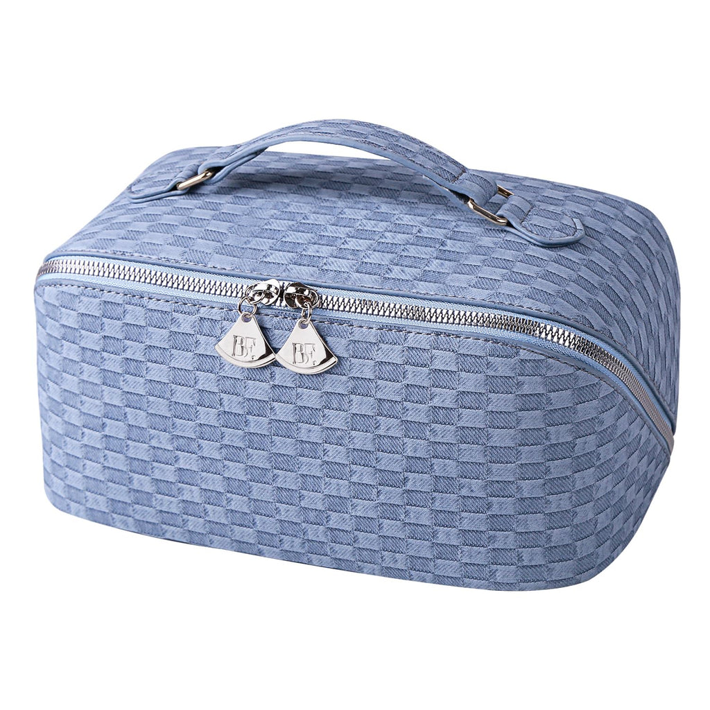 Batfield Cosmetic Bag for Women, Litchi Pu Leather Makeup Pouch for Women, Large Capacity Cosmetic Travel Bag,Portable Makeup Kit Storage Bag with Handle&Divider, Makeup Organizer Bag, 12 cm
