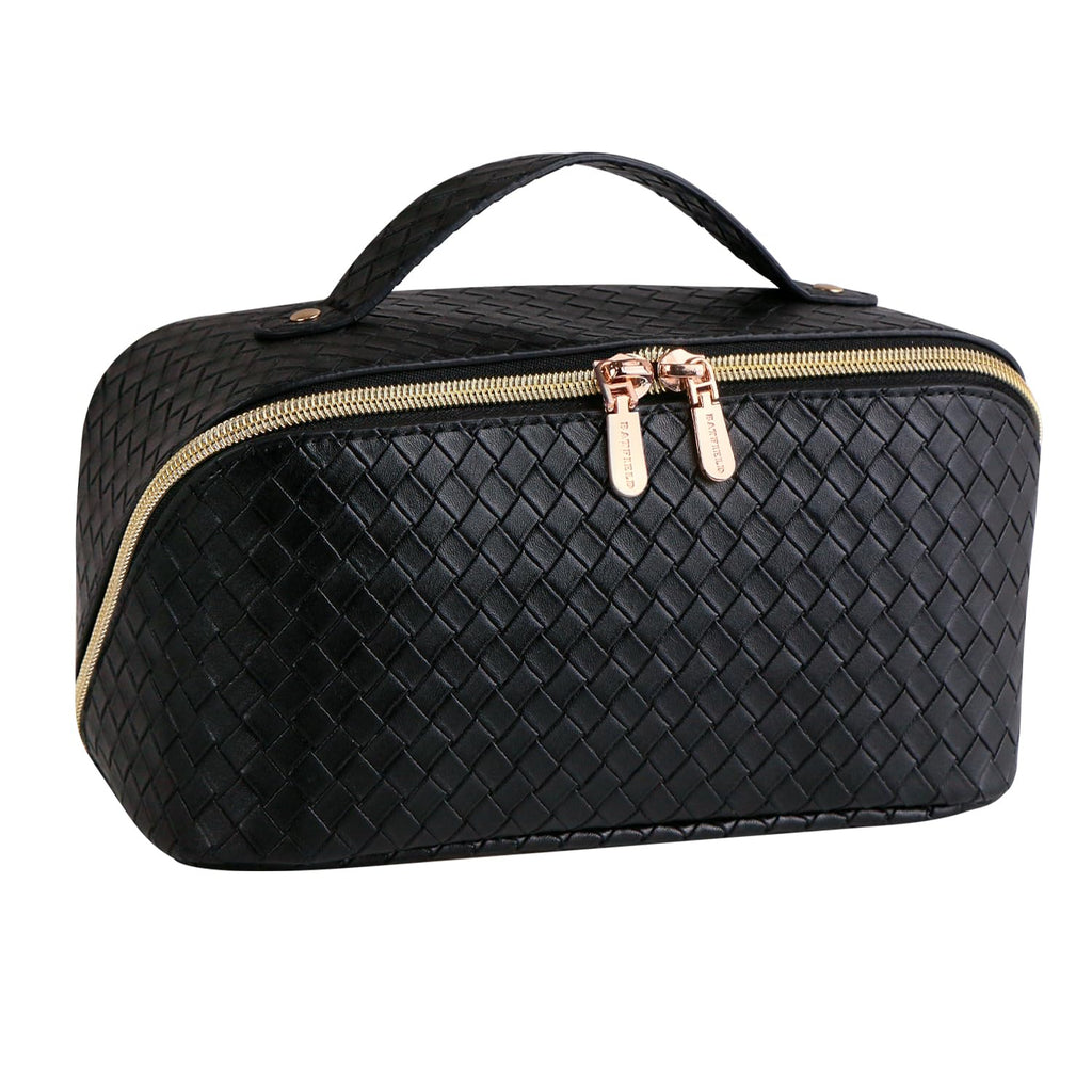 Batfield Cosmetic Bag for Women, Litchi Pu Leather Makeup Pouch for Women, Large Capacity Cosmetic Travel Bag,Portable Makeup Kit Storage Bag with Handle&Divider, Makeup Organizer Bag, 12 cm