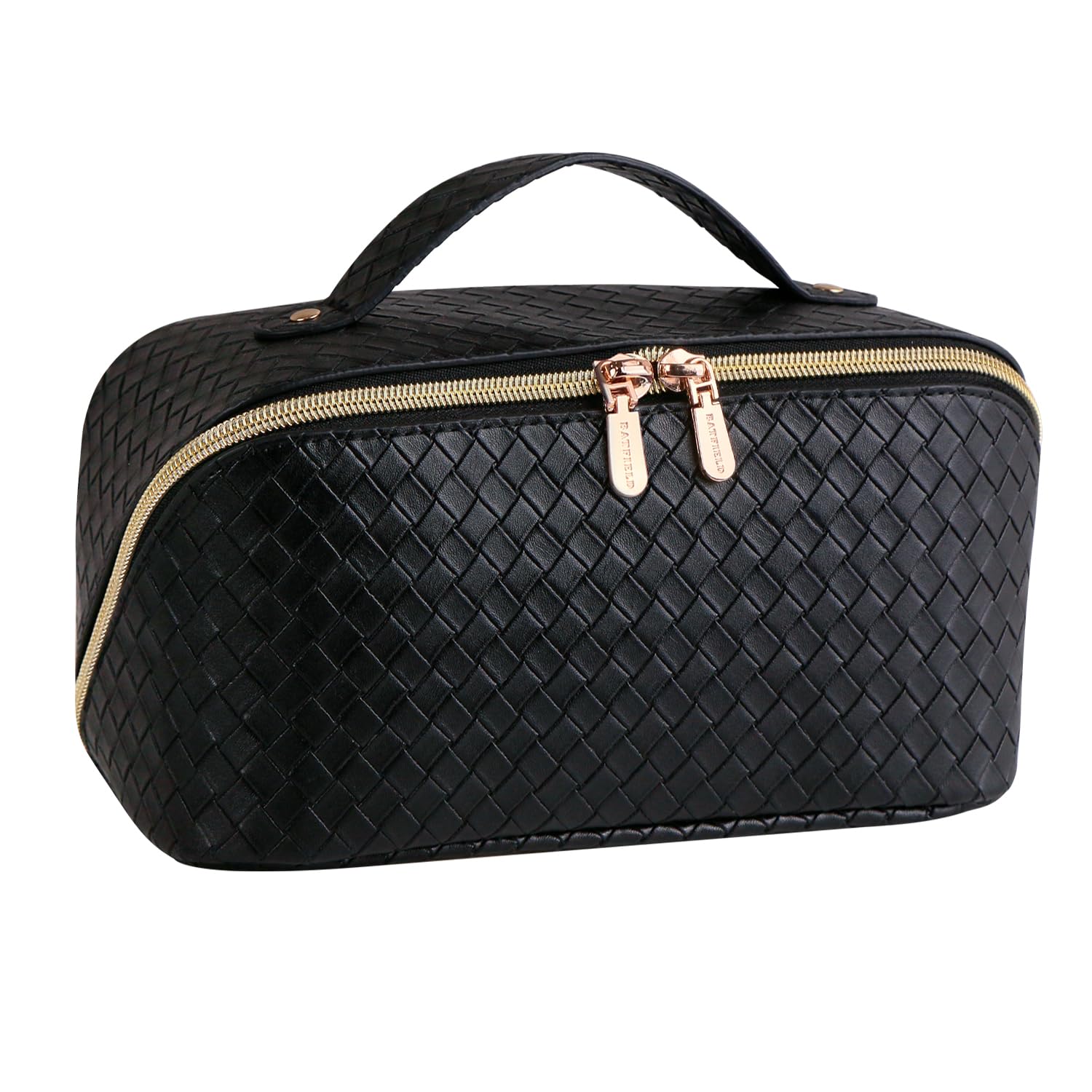 Batfield Cosmetic Bag for Women, Litchi Pu Leather Makeup Pouch for Women, Large Capacity Cosmetic Travel Bag,Portable Makeup Kit Storage Bag with Handle&Divider, Makeup Organizer Bag, 12 cm