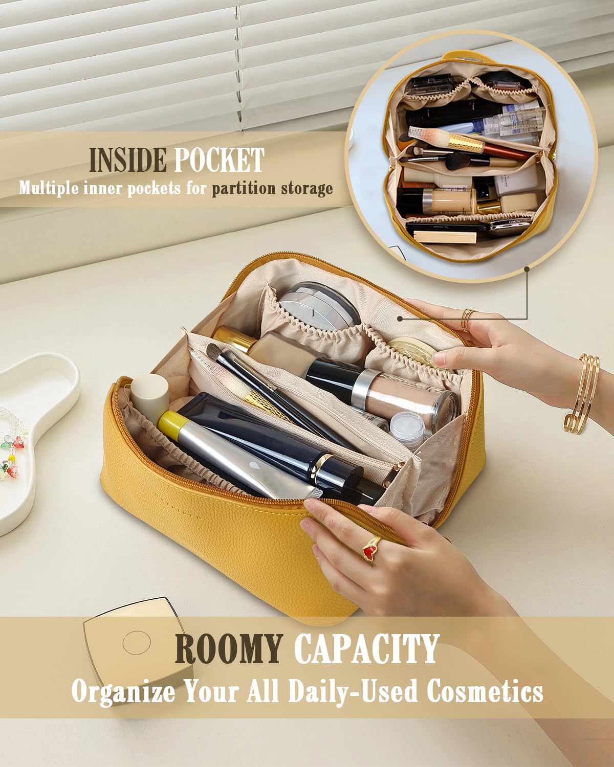 Batfield Cosmetic Bag for Women, Litchi Pu Leather Makeup Pouch for Women, Large Capacity Cosmetic Travel Bag,Portable Makeup Kit Storage Bag with Handle&Divider, Makeup Organizer Bag, 12 cm