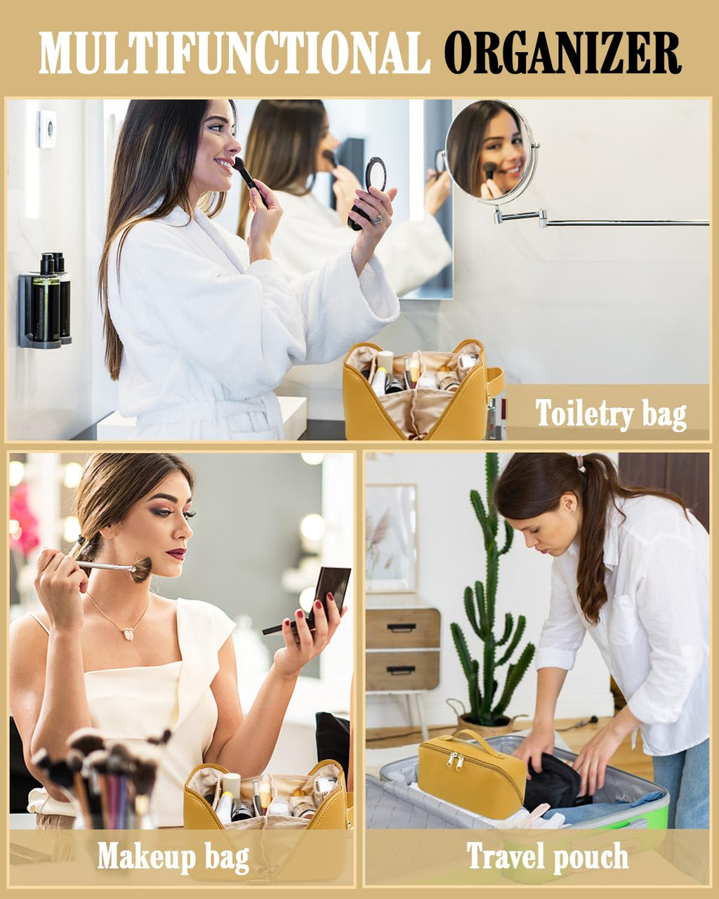 Batfield Cosmetic Bag for Women, Litchi Pu Leather Makeup Pouch for Women, Large Capacity Cosmetic Travel Bag,Portable Makeup Kit Storage Bag with Handle&Divider, Makeup Organizer Bag, 12 cm