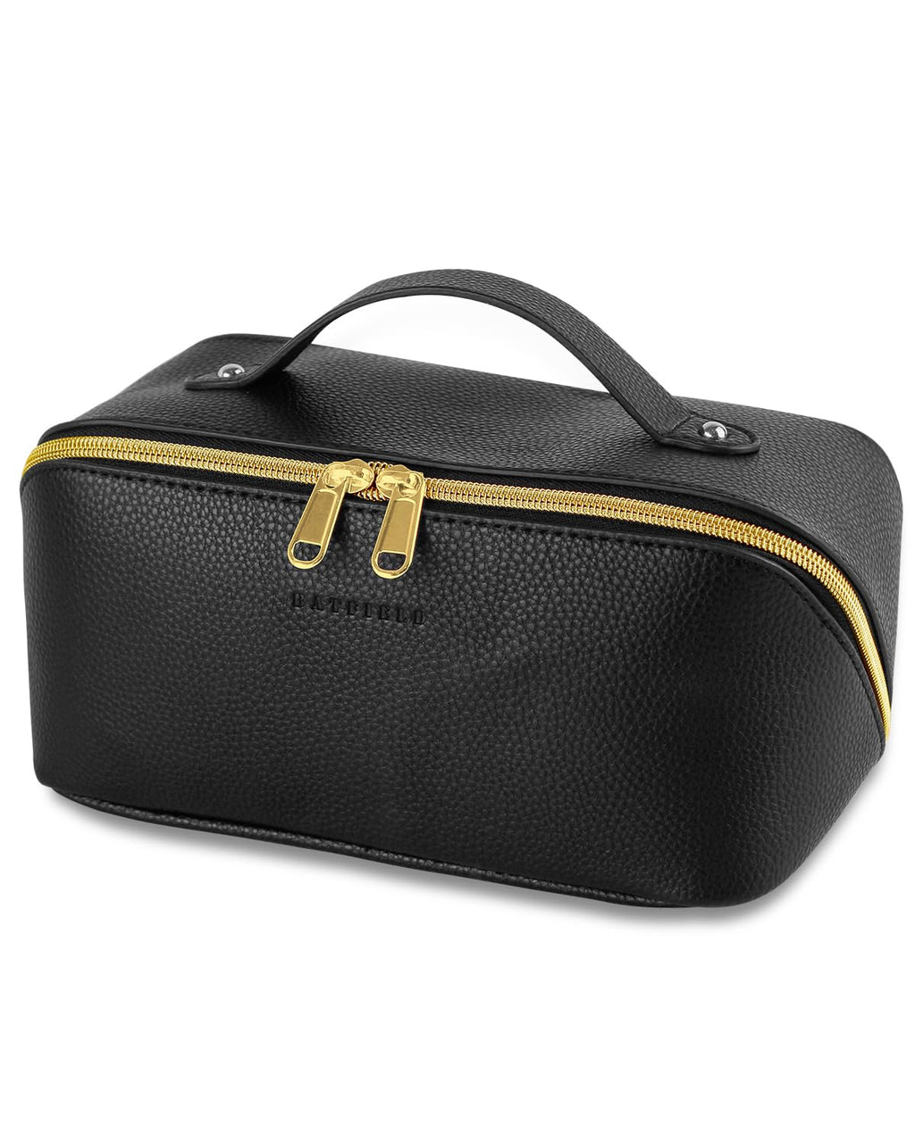 Batfield Cosmetic Bag for Women, Litchi Pu Leather Makeup Pouch for Women, Large Capacity Cosmetic Travel Bag,Portable Makeup Kit Storage Bag with Handle&Divider, Makeup Organizer Bag, 12 cm