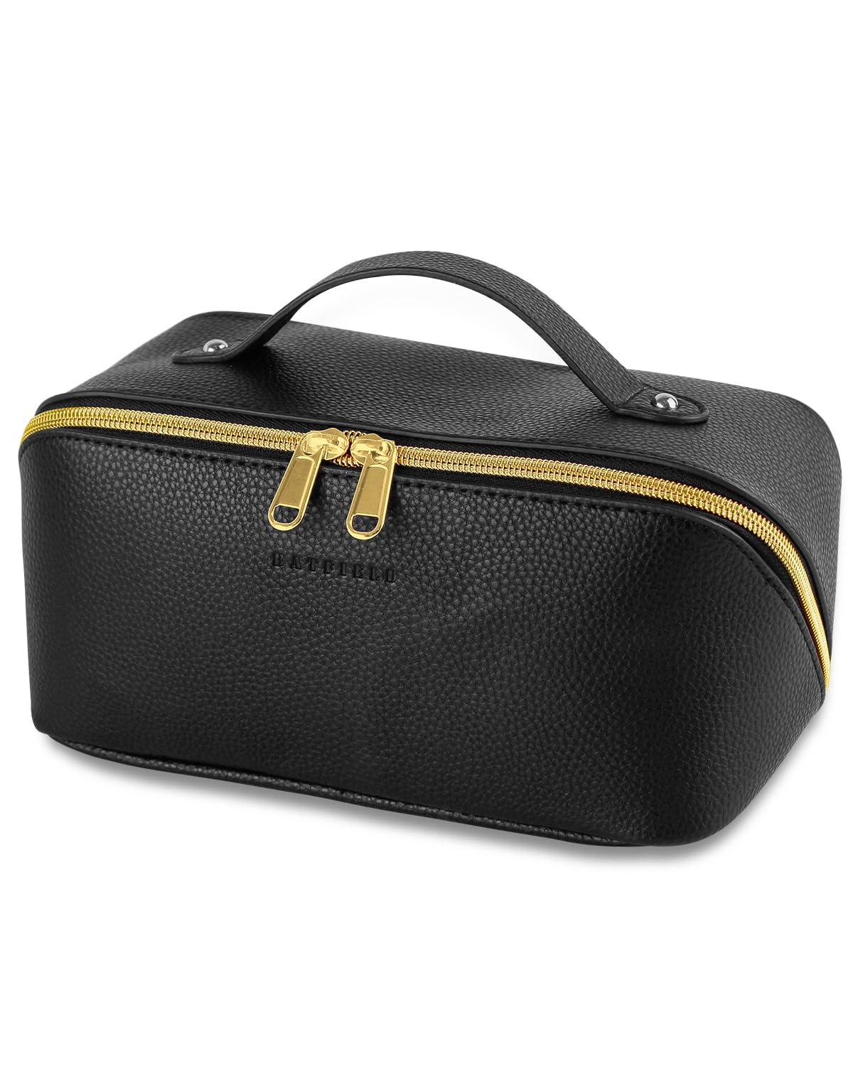 Batfield Cosmetic Bag for Women, Litchi Pu Leather Makeup Pouch for Women, Large Capacity Cosmetic Travel Bag,Portable Makeup Kit Storage Bag with Handle&Divider, Makeup Organizer Bag, 12 cm