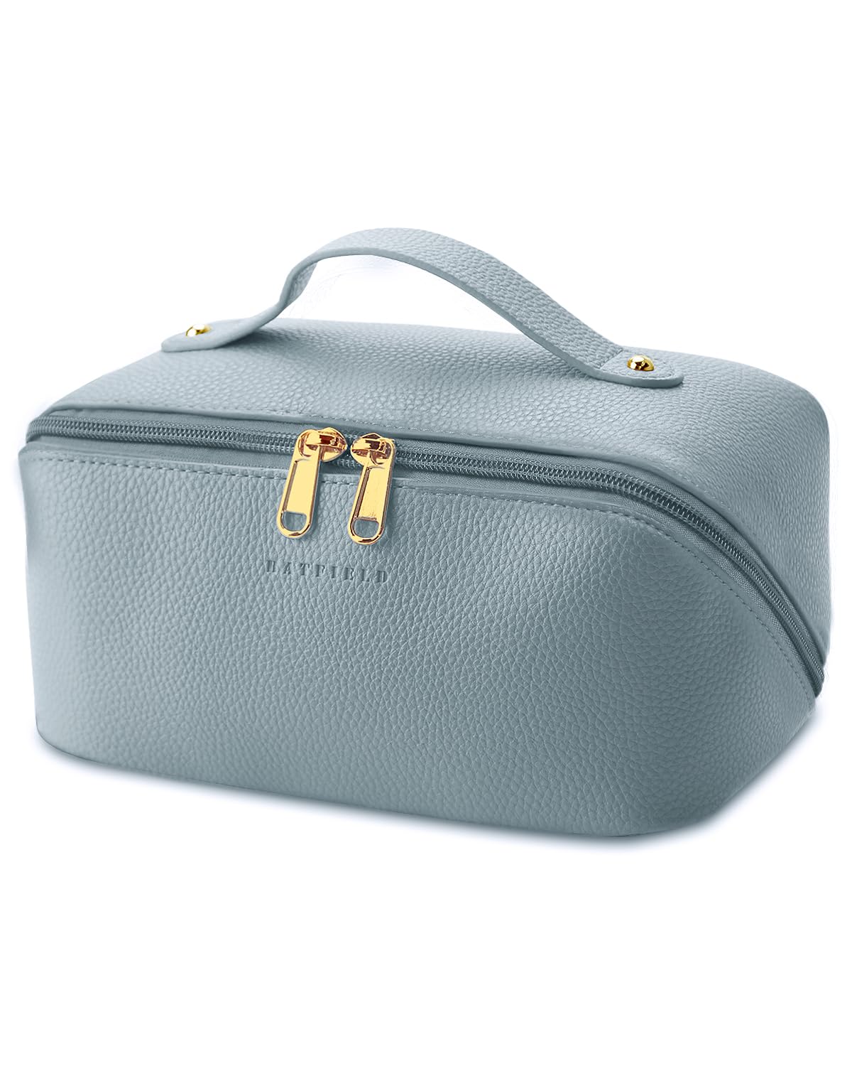 Batfield Cosmetic Bag for Women, Litchi Pu Leather Makeup Pouch for Women, Large Capacity Cosmetic Travel Bag,Portable Makeup Kit Storage Bag with Handle&Divider, Makeup Organizer Bag, 12 cm